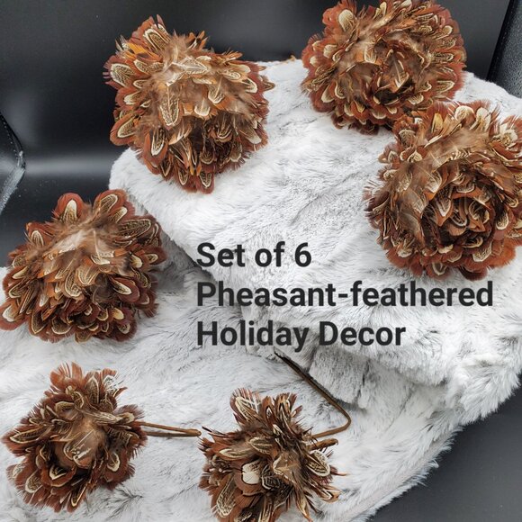 Set of 6 Pheasant-Feather Ball Holiday Decor Ornaments - Picture 6 of 6